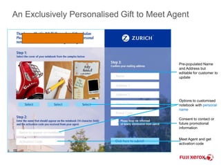 An Exclusively Personalised Gift to Meet Agent 
Pre-populated Name 
and Address but 
editable for customer to 
update 
Options to customised 
notebook with personal 
name 
Consent to contact or 
future promotional 
information 
Meet Agent and get 
activation code 
36 
 