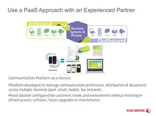 Use a PaaS Approach with an Experienced Partner 
Communication Platform as a Service: 
•Platform developed to manage communication preferences, distribution of documents 
across multiple channels (post, email, mobile, fax and web). 
•PaaS solution configured for customers needs and environment without investing in 
infrastructures, software, future upgrades or maintenance. 
 