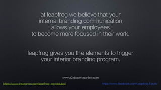 www.a2zleapfrogonline.com
https://www.instagram.com/leapfrog_egyptdubai/ https://www.facebook.com/Leapfrog.Egypt/
at leapfrog we believe that your
internal branding communication
allows your employees
to become more focused in their work.
leapfrog gives you the elements to trigger
your interior branding program.
!
 