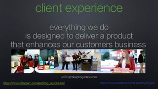 client experience
everything we do
is designed to deliver a product
that enhances our customers business.
www.a2zleapfrogonline.com
https://www.instagram.com/leapfrog_egyptdubai/ https://www.facebook.com/Leapfrog.Egypt/
 