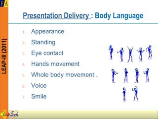 Presentation Delivery : Body Language
                  1.   Appearance
LEAP-III (2011)




                  2.   Standing
                  3.   Eye contact
                  4.   Hands movement
                  5.   Whole body movement .
                  6.   Voice
                  7.   Smile
 