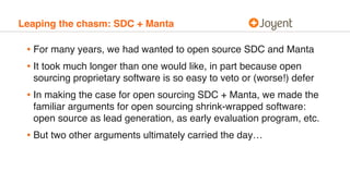 Leaping the chasm: SDC + Manta
• For many years, we had wanted to open source SDC and Manta
• It took much longer than one...