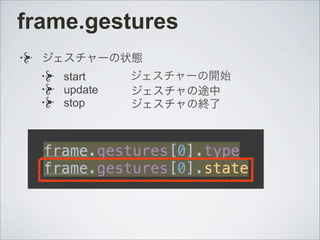 frame.gestures
ジェスチャーの状態
start
update
stop
ジェスチャーの開始
ジェスチャの途中
ジェスチャの終了
 