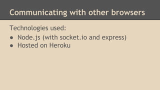Communicating with other browsers
Technologies used:
● Node.js (with socket.io and express)
● Hosted on Heroku

 