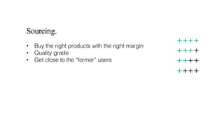 Sourcing.
• Buy the right products with the right margin
• Quality grade
• Get close to the “former” users
++++
++++
++++
++++
 