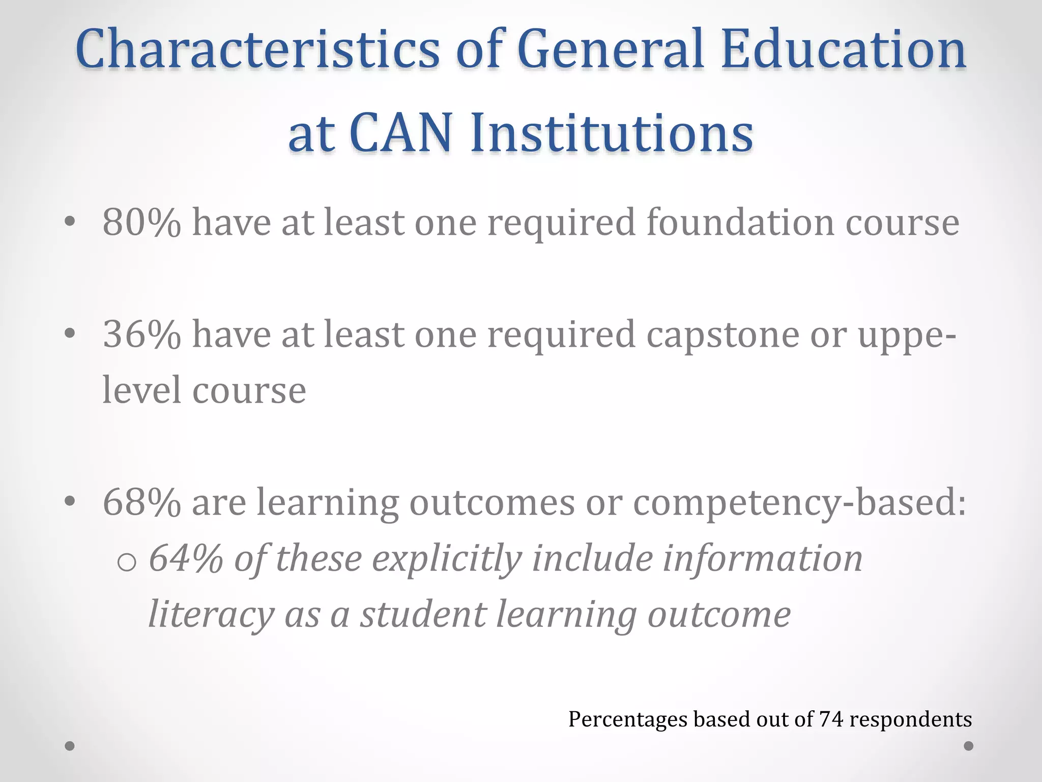 Characteristics of General Education
at CAN Institutions
• 80% have at least one required foundation course
• 36% have at least one required capstone or uppe-
level course
• 68% are learning outcomes or competency-based:
o 64% of these explicitly include information
literacy as a student learning outcome
Percentages based out of 74 respondents
 