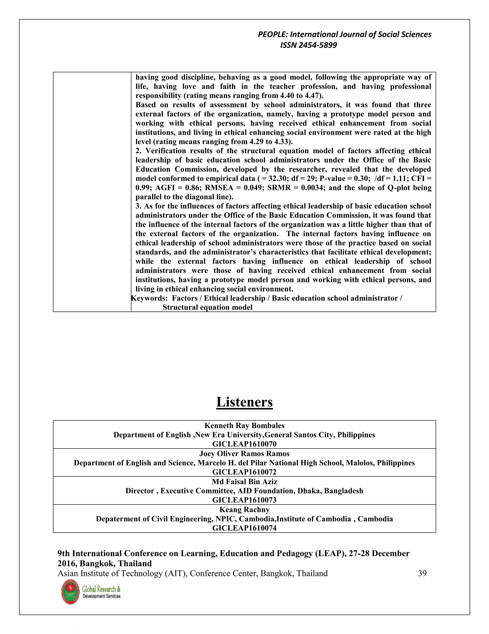 PEOPLE: International Journal of Social Sciences
ISSN 2454-5899
9th International Conference on Learning, Education and Pedagogy (LEAP), 27-28 December
2016, Bangkok, Thailand
Asian Institute of Technology (AIT), Conference Center, Bangkok, Thailand 39
having good discipline, behaving as a good model, following the appropriate way of
life, having love and faith in the teacher profession, and having professional
responsibility (rating means ranging from 4.40 to 4.47).
Based on results of assessment by school administrators, it was found that three
external factors of the organization, namely, having a prototype model person and
working with ethical persons, having received ethical enhancement from social
institutions, and living in ethical enhancing social environment were rated at the high
level (rating means ranging from 4.29 to 4.33).
2. Verification results of the structural equation model of factors affecting ethical
leadership of basic education school administrators under the Office of the Basic
Education Commission, developed by the researcher, revealed that the developed
model conformed to empirical data ( = 32.30; df = 29; P-value = 0.30; /df = 1.11; CFI =
0.99; AGFI = 0.86; RMSEA = 0.049; SRMR = 0.0034; and the slope of Q-plot being
parallel to the diagonal line).
3. As for the influences of factors affecting ethical leadership of basic education school
administrators under the Office of the Basic Education Commission, it was found that
the influence of the internal factors of the organization was a little higher than that of
the external factors of the organization. The internal factors having influence on
ethical leadership of school administrators were those of the practice based on social
standards, and the administrator’s characteristics that facilitate ethical development;
while the external factors having influence on ethical leadership of school
administrators were those of having received ethical enhancement from social
institutions, having a prototype model person and working with ethical persons, and
living in ethical enhancing social environment.
Keywords: Factors / Ethical leadership / Basic education school administrator /
Structural equation model
Listeners
Kenneth Ray Bombales
Department of English ,New Era University,General Santos City, Philippines
GICLEAP1610070
Joey Oliver Ramos Ramos
Department of English and Science, Marcelo H. del Pilar National High School, Malolos, Philippines
GICLEAP1610072
Md Faisal Bin Aziz
Director , Executive Committee, AID Foundation, Dhaka, Bangladesh
GICLEAP1610073
Keang Rachny
Depaterment of Civil Engineering, NPIC, Cambodia,Institute of Cambodia , Cambodia
GICLEAP1610074
 