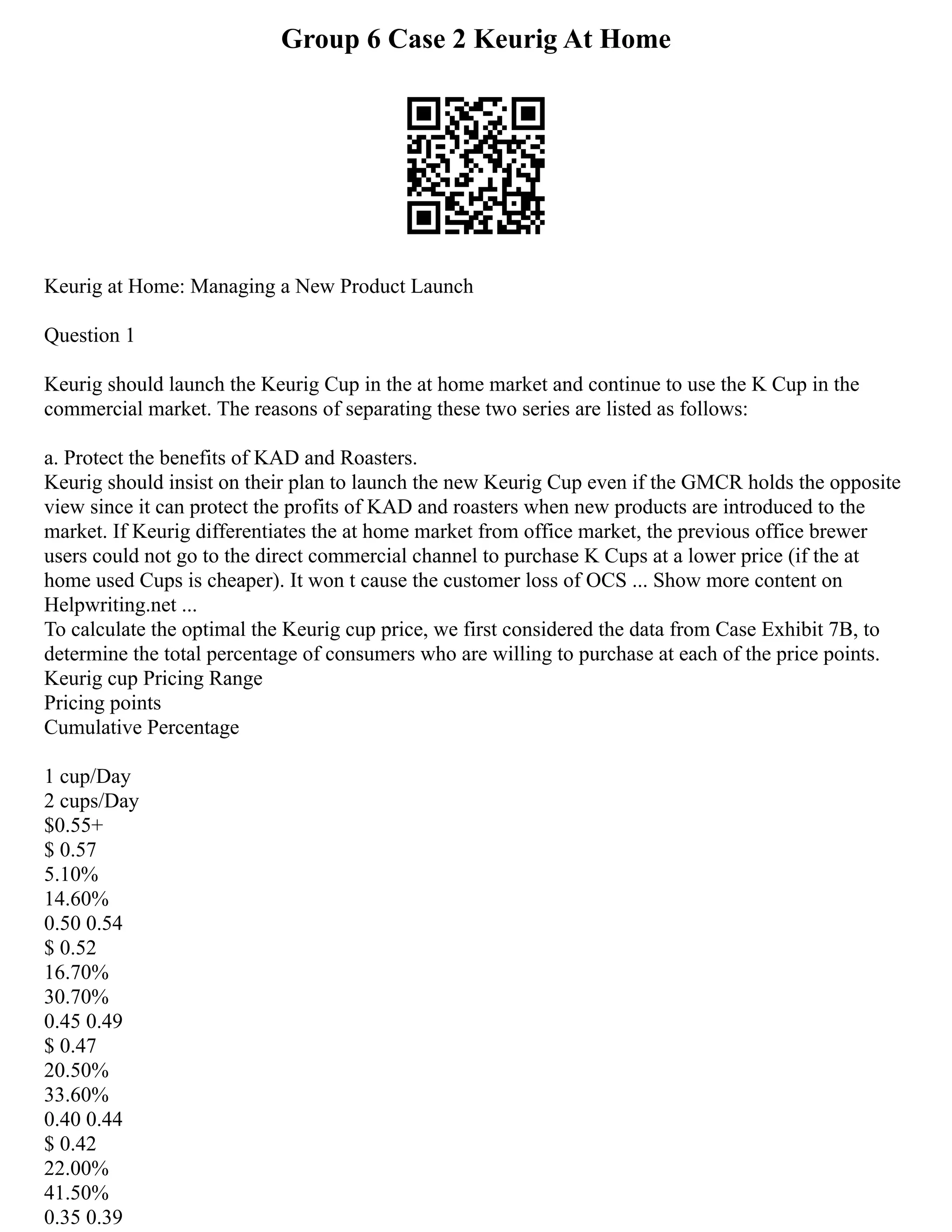 Group 6 Case 2 Keurig At Home
Keurig at Home: Managing a New Product Launch
Question 1
Keurig should launch the Keurig Cup in the at home market and continue to use the K Cup in the
commercial market. The reasons of separating these two series are listed as follows:
a. Protect the benefits of KAD and Roasters.
Keurig should insist on their plan to launch the new Keurig Cup even if the GMCR holds the opposite
view since it can protect the profits of KAD and roasters when new products are introduced to the
market. If Keurig differentiates the at home market from office market, the previous office brewer
users could not go to the direct commercial channel to purchase K Cups at a lower price (if the at
home used Cups is cheaper). It won t cause the customer loss of OCS ... Show more content on
Helpwriting.net ...
To calculate the optimal the Keurig cup price, we first considered the data from Case Exhibit 7B, to
determine the total percentage of consumers who are willing to purchase at each of the price points.
Keurig cup Pricing Range
Pricing points
Cumulative Percentage
1 cup/Day
2 cups/Day
$0.55+
$ 0.57
5.10%
14.60%
0.50 0.54
$ 0.52
16.70%
30.70%
0.45 0.49
$ 0.47
20.50%
33.60%
0.40 0.44
$ 0.42
22.00%
41.50%
0.35 0.39
 