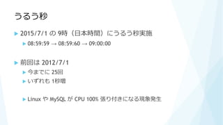 うるう秒
 2015/7/1 の 9時（日本時間）にうるう秒実施
 08:59:59 → 08:59:60 → 09:00:00
 前回は 2012/7/1
 今までに 25回
 いずれも 1秒増
 Linux や MySQL が CPU 100% 張り付きになる現象発生
 
