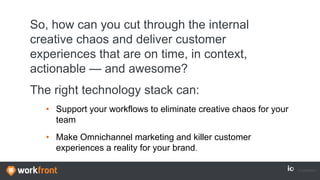 So, how can you cut through the internal
creative chaos and deliver customer
experiences that are on time, in context,
actionable — and awesome?
The right technology stack can:
• Support your workflows to eliminate creative chaos for your
team
• Make Omnichannel marketing and killer customer
experiences a reality for your brand.
 