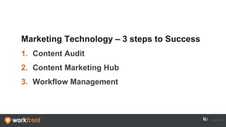 Marketing Technology – 3 steps to Success
1. Content Audit
2. Content Marketing Hub
3. Workflow Management
 