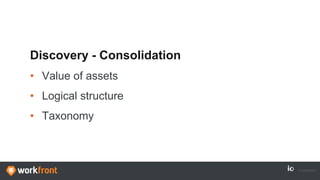Discovery - Consolidation
• Value of assets
• Logical structure
• Taxonomy
 