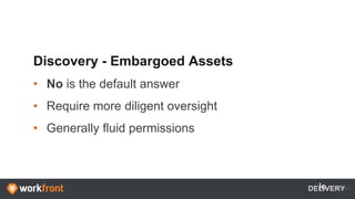 Discovery - Embargoed Assets
• No is the default answer
• Require more diligent oversight
• Generally fluid permissions
DELIVERY
 