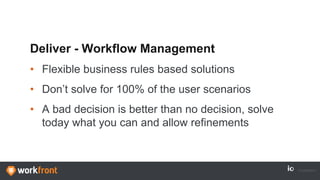 Deliver - Workflow Management
• Flexible business rules based solutions
• Don’t solve for 100% of the user scenarios
• A bad decision is better than no decision, solve
today what you can and allow refinements
 
