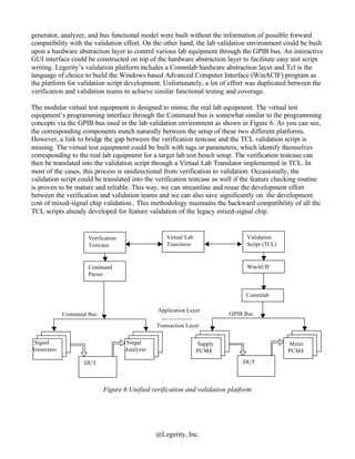 generator, analyzer, and bus functional model were built without the information of possible forward
compatibility with the validation effort. On the other hand, the lab validation environment could be built
upon a hardware abstraction layer to control various lab equipment through the GPIB bus. An interactive
GUI interface could be constructed on top of the hardware abstraction layer to facilitate easy test script
writing. Legerity’s validation platform includes a Commlab hardware abstraction layer and Tcl is the
language of choice to build the Windows based Advanced Computer Interface (WinACIF) program as
the platform for validation script development. Unfortunately, a lot of effort was duplicated between the
verification and validation teams to achieve similar functional testing and coverage.

The modular virtual test equipment is designed to mimic the real lab equipment. The virtual test
equipment’s programming interface through the Command bus is somewhat similar to the programming
concepts via the GPIB bus used in the lab validation environment as shown in Figure 6. As you can see,
the corresponding components match naturally between the setup of these two different platforms.
However, a link to bridge the gap between the verification testcase and the TCL validation script is
missing. The virtual test equipment could be built with tags or parameters, which identify themselves
corresponding to the real lab equipment for a target lab test bench setup. The verification testcase can
then be translated into the validation script through a Virtual Lab Translator implemented in TCL. In
most of the cases, this process is unidirectional from verification to validation. Occasionally, the
validation script could be translated into the verification testcase as well if the feature checking routine
is proven to be mature and reliable. This way, we can streamline and reuse the development effort
between the verification and validation teams and we can also save significantly on the development
cost of mixed-signal chip validation.. This methodology maintains the backward compatibility of all the
TCL scripts already developed for feature validation of the legacy mixed-signal chip.


                     Verification                    Virtual Lab                    Validation
                     Testcase                        Translator                     Script (TCL)



                     Command                                                        WinACIF
                     Parser


                                                                                    Commlab

                                                  Application Layer
           Command Bus                                                         GPIB Bus

                                                  Transaction Layer

     Supply                              Supply                       Supply                          Supply
   Supply
Siganl                                 Supply
                                    Singal                          Supply
                                                                     PCM4                           Supply
                                                                                                     PCM4
    PCM4                                PCM4                       Supply                          Meter
   PCM4
Generator                           Analyzer4
                                       PCM                          PCM4                            PCM4
                                                                   PCM4                            PCM4

                   DUT                                                             DUT



                           Figure 6 Unified verification and validation platform




                                                  @Legerity, Inc.
 