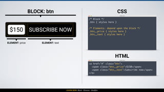 LEARN BEM: Block - Element - Modifier
BLOCK: btn
$150 SUBSCRIBE NOW
styles.css
/* Block */
.btn { styles here }
/* Elements: depend upon the block */
.btn__price { styles here }
.btn__text { styles here }
/* Modifier: change the style of the block */
.btn--important { styles here }
CSS
index.html
<a href="#" class="btn btn--important">
<span class="btn__price">$150</span>
<span class="btn__text">Subscribe now</span>
</a>
HTML
 