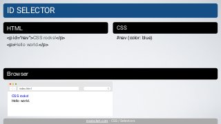 inarocket.com - CSS / Selectors
ID SELECTOR
<p id=“nav”>CSS rocks!</p>
<p>Hello world.</p>
HTML CSS
#nav {color: blue}
Browser
CSS rocks!
Hello world.
index.html
 