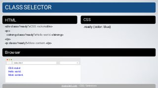 inarocket.com - CSS / Selectors
CLASS SELECTOR
<div class=“ready”>CSS rocks!</div>
<p>
<strong class=“ready”>Hello world.</strong>
</p>
<p class=“ready”>More content.</p>
HTML CSS
.ready {color: blue}
Browser
CSS rocks!
Hello world.
More content.
index.html
 