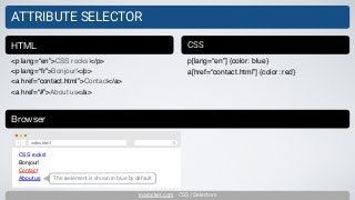 inarocket.com - CSS / Selectors
ATTRIBUTE SELECTOR
<p lang=“en”>CSS rocks!</p>
<p lang=“fr”>Bonjour!</p>
<a href=“contact.html”>Contact</a>
<a href=“#”>About us</a>
HTML CSS
p[lang=“en”] {color: blue}
a[href=“contact.html”] {color: red}
Browser
CSS rocks!
Bonjour!
Contact
About us
index.html
The a element is shown in blue by default
 
