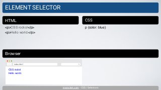 inarocket.com - CSS / Selectors
ELEMENT SELECTOR
<p>CSS rocks!</p>
<p>Hello world.</p>
HTML CSS
p {color: blue}
Browser
CSS rocks!
Hello world.
index.html
 