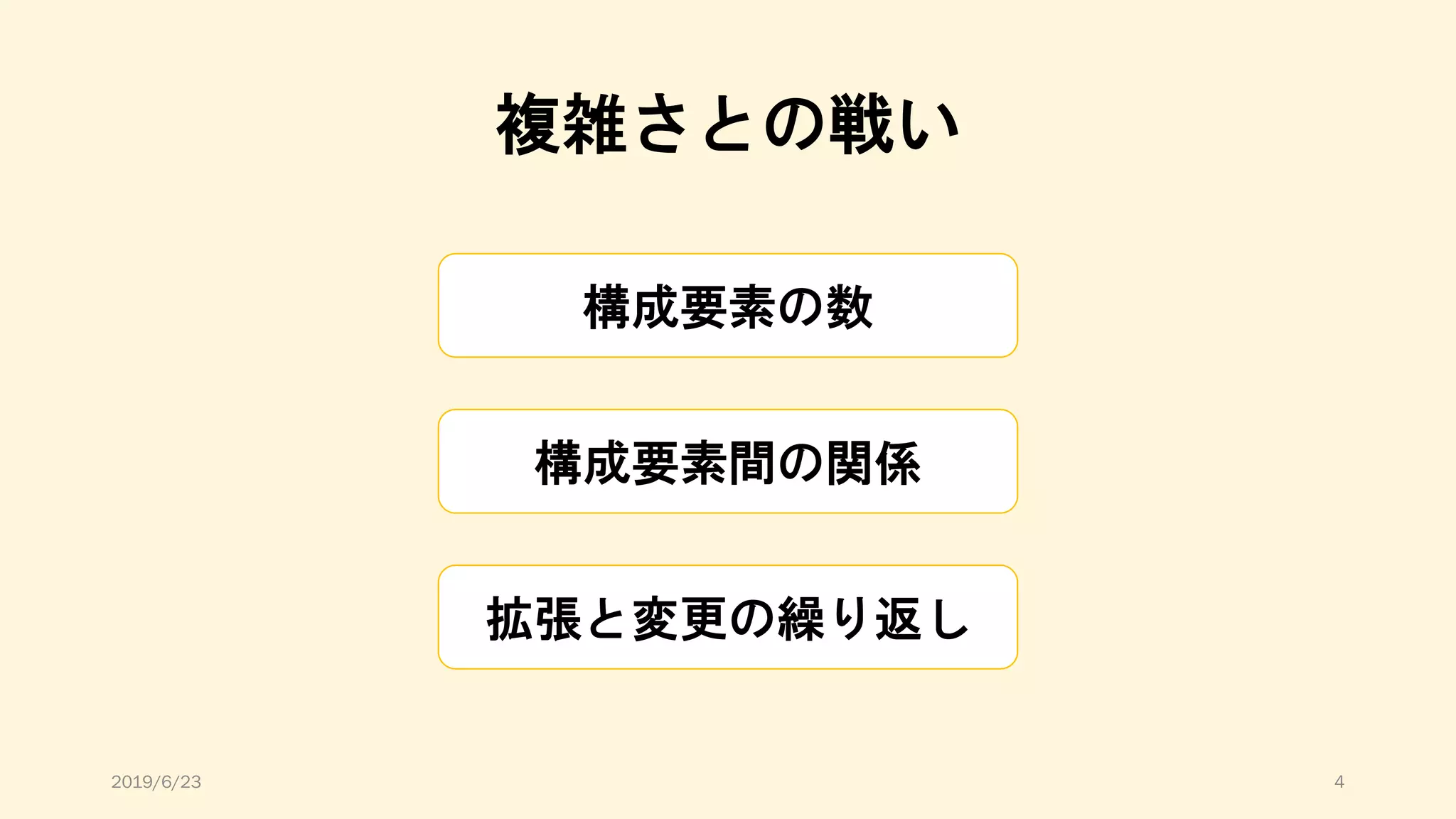 複雑さとの戦い
構成要素の数
構成要素間の関係
拡張と変更の繰り返し
2019/6/23 4
 