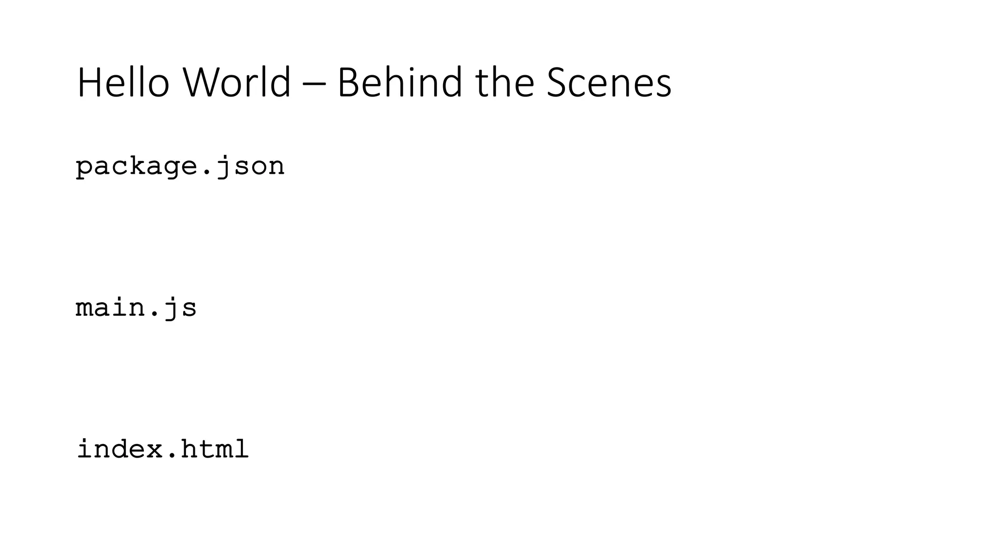 Hello World – Behind the Scenes
package.json
main.js
index.html
 