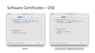 Software Certificates – OSX
Default sudo spctl –master-disable
 