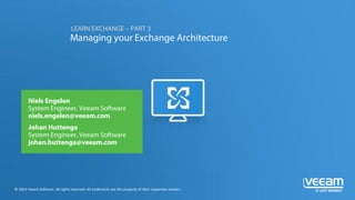 Managing your Exchange Architecture
LEARN EXCHANGE – PART 3
© 2014 Veeam Software. All rights reserved. All trademarks are the property of their respective owners.
Niels Engelen
System Engineer, Veeam Software
niels.engelen@veeam.com
Johan Huttenga
System Engineer, Veeam Software
johan.huttenga@veeam.com
 