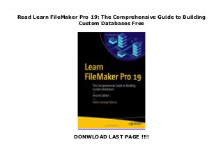 Read Learn FileMaker Pro 19: The Comprehensive Guide to Building
Custom Databases Free
DONWLOAD LAST PAGE !!!!
Download now : https://ni.pdf-files.xyz/?book=148426679X by Epub Download Learn FileMaker Pro 19: The Comprehensive Guide to Building Custom Databases Reading Free Discover how easy it is to create multi-user, cross-platform custom solutions with FileMaker Pro, the relational database platform published by Apple subsidiary Claris International, Inc. Meticulously rewritten with clearer lessons, more real-world examples and updated to include feature changes introduced in recent versions, this book makes it easier to get started planning, building and deploying a custom database solution.The material is presented in an easy to follow manner with each chapter building on the last. After an initial review of the user environment and application basics, it begins a deep exploration of the integrated development environment that seamlessly combines the full stack of data table schema, business logic and interface layers into one visual programming experience. This book includes everything needed to get started building custom databases and contains advanced material that seasoned professionals will appreciate.Written by a professional developer with decades of real-world experience, Learn FileMaker Pro 19 is your comprehensive learning and reference guide. Join millions of users and developers worldwide in achieving a new level of workflow efficiency with FileMaker Pro.What You'll LearnDiscover interface and feature changes in FileMaker 17-19Create and maintain healthy filesPlan and create custom tables, fields, relationshipsWrite calculations using built-in and custom functionsBuild recursive and repeating formulasDiscover advanced features using cURL, JSON, SQL, ODBC and FM URLManipulate data files in the computer directory with scriptsDeploy solutions to a server and share with desktop, iOS and web clientsWho This Book Is ForCasual programmers, full time consultants, and IT professionals
 