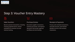 Step 3: Voucher Entry Mastery
Sales Vouchers
Record customer transactions, including
invoicing, payment terms, and tax
calculations to maintain accurate
revenue tracking.
Purchase Entries
Document supplier transactions,
inventory purchases, and expense
allocations with proper approval
workflows and cost tracking.
Receipts & Payments
Process cash and bank transactions,
reconcile accounts, and maintain
detailed records of all monetary
movements.
 