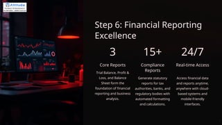 Step 6: Financial Reporting
Excellence
3
Core Reports
Trial Balance, Profit &
Loss, and Balance
Sheet form the
foundation of financial
reporting and business
analysis.
15+
Compliance
Reports
Generate statutory
reports for tax
authorities, banks, and
regulatory bodies with
automated formatting
and calculations.
24/7
Real-time Access
Access financial data
and reports anytime,
anywhere with cloud-
based systems and
mobile-friendly
interfaces.
 
