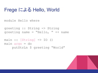 Frege による Hello, World
module Hello where
greeting :: String -> String
greeting name = “Hello, ” ++ name
main :: [String] -> IO ()
main args = do
putStrLn $ greeting “World”
 