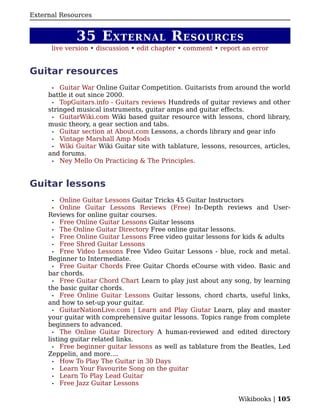 External Resources


             35 E XTERNAL R ESOURCES
      live version • discussion • edit chapter • comment • report an error


Guitar resources
      •  Guitar War Online Guitar Competition. Guitarists from around the world
     battle it out since 2000.
      • TopGuitars.info - Guitars reviews Hundreds of guitar reviews and other
     stringed musical instruments, guitar amps and guitar effects.
      • GuitarWiki.com Wiki based guitar resource with lessons, chord library,
     music theory, a gear section and tabs.
      • Guitar section at About.com Lessons, a chords library and gear info
      • Vintage Marshall Amp Mods
      • Wiki Guitar Wiki Guitar site with tablature, lessons, resources, articles,
     and forums.
      • Ney Mello On Practicing & The Principles.




Guitar lessons
      •   Online Guitar Lessons Guitar Tricks 45 Guitar Instructors
       • Online Guitar Lessons Reviews (Free) In-Depth reviews and User-
     Reviews for online guitar courses.
       • Free Online Guitar Lessons Guitar lessons
       • The Online Guitar Directory Free online guitar lessons.
       • Free Online Guitar Lessons Free video guitar lessons for kids & adults
       • Free Shred Guitar Lessons
       • Free Video Lessons Free Video Guitar Lessons - blue, rock and metal.
     Beginner to Intermediate.
       • Free Guitar Chords Free Guitar Chords eCourse with video. Basic and
     bar chords.
       • Free Guitar Chord Chart Learn to play just about any song, by learning
     the basic guitar chords.
       • Free Online Guitar Lessons Guitar lessons, chord charts, useful links,
     and how to set-up your guitar.
       • GuitarNationLive.com | Learn and Play Giutar Learn, play and master
     your guitar with comprehensive guitar lessons. Topics range from complete
     beginners to advanced.
       • The Online Guitar Directory A human-reviewed and edited directory
     listing guitar related links.
       • Free beginner guitar lessons as well as tablature from the Beatles, Led
     Zeppelin, and more....
       • How To Play The Guitar in 30 Days
       • Learn Your Favourite Song on the guitar
       • Learn To Play Lead Guitar
       • Free Jazz Guitar Lessons


                                                                 Wikibooks | 105
 