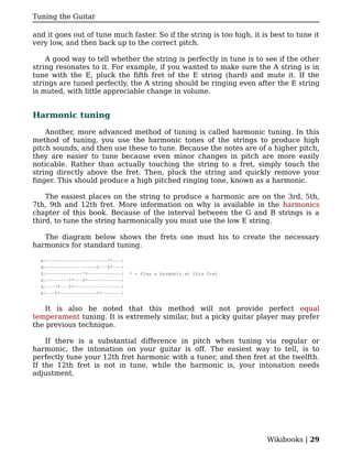Tuning the Guitar

and it goes out of tune much faster. So if the string is too high, it is best to tune it
very low, and then back up to the correct pitch.

    A good way to tell whether the string is perfectly in tune is to see if the other
string resonates to it. For example, if you wanted to make sure the A string is in
tune with the E, pluck the fifth fret of the E string (hard) and mute it. If the
strings are tuned perfectly, the A string should be ringing even after the E string
is muted, with little appreciable change in volume.


Harmonic tuning

    Another, more advanced method of tuning is called harmonic tuning. In this
method of tuning, you use the harmonic tones of the strings to produce high
pitch sounds, and then use these to tune. Because the notes are of a higher pitch,
they are easier to tune because even minor changes in pitch are more easily
noticable. Rather than actually touching the string to a fret, simply touch the
string directly above the fret. Then, pluck the string and quickly remove your
finger. This should produce a high pitched ringing tone, known as a harmonic.

    The easiest places on the string to produce a harmonic are on the 3rd, 5th,
7th, 9th and 12th fret. More information on why is available in the harmonics
chapter of this book. Because of the interval between the G and B strings is a
third, to tune the string harmonically you must use the low E string.

   The diagram below shows the frets one must his to create the necessary
harmonics for standard tuning.

  e|----------------------7*---|
  B|------------------0---5*---|
  G|-------------7*------------|   * = Play a harmonic at this fret
  D|--------7*---5*------------|
  A|---7*---5*-----------------|
  E|---5*-------------7*-------|


    It is also be noted that this method will not provide perfect equal
temperament tuning. It is extremely similar, but a picky guitar player may prefer
the previous technique.

    If there is a substantial difference in pitch when tuning via regular or
harmonic, the intonation on your guitar is off. The easiest way to tell, is to
perfectly tune your 12th fret harmonic with a tuner, and then fret at the twelfth.
If the 12th fret is not in tune, while the harmonic is, your intonation needs
adjustment.




                                                                        Wikibooks | 29
 