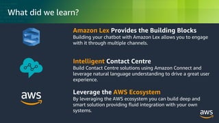 © 2018, Amazon Web Services, Inc. or its Affiliates. All rights reserved.
What did we learn?
Amazon Lex Provides the Build...