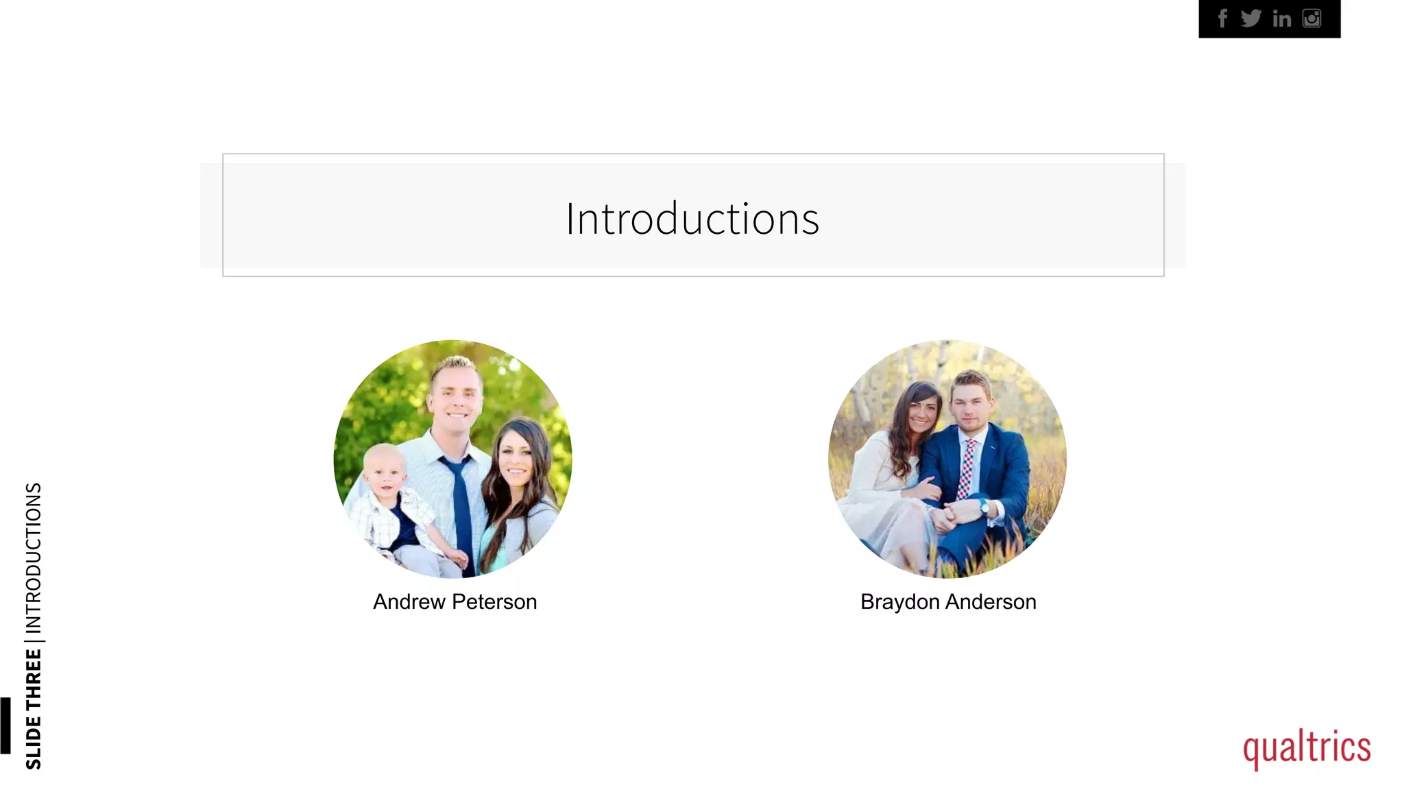 SLIDETHREE|INTRODUCTIONS
Introductions
Andrew Peterson Braydon Anderson
 