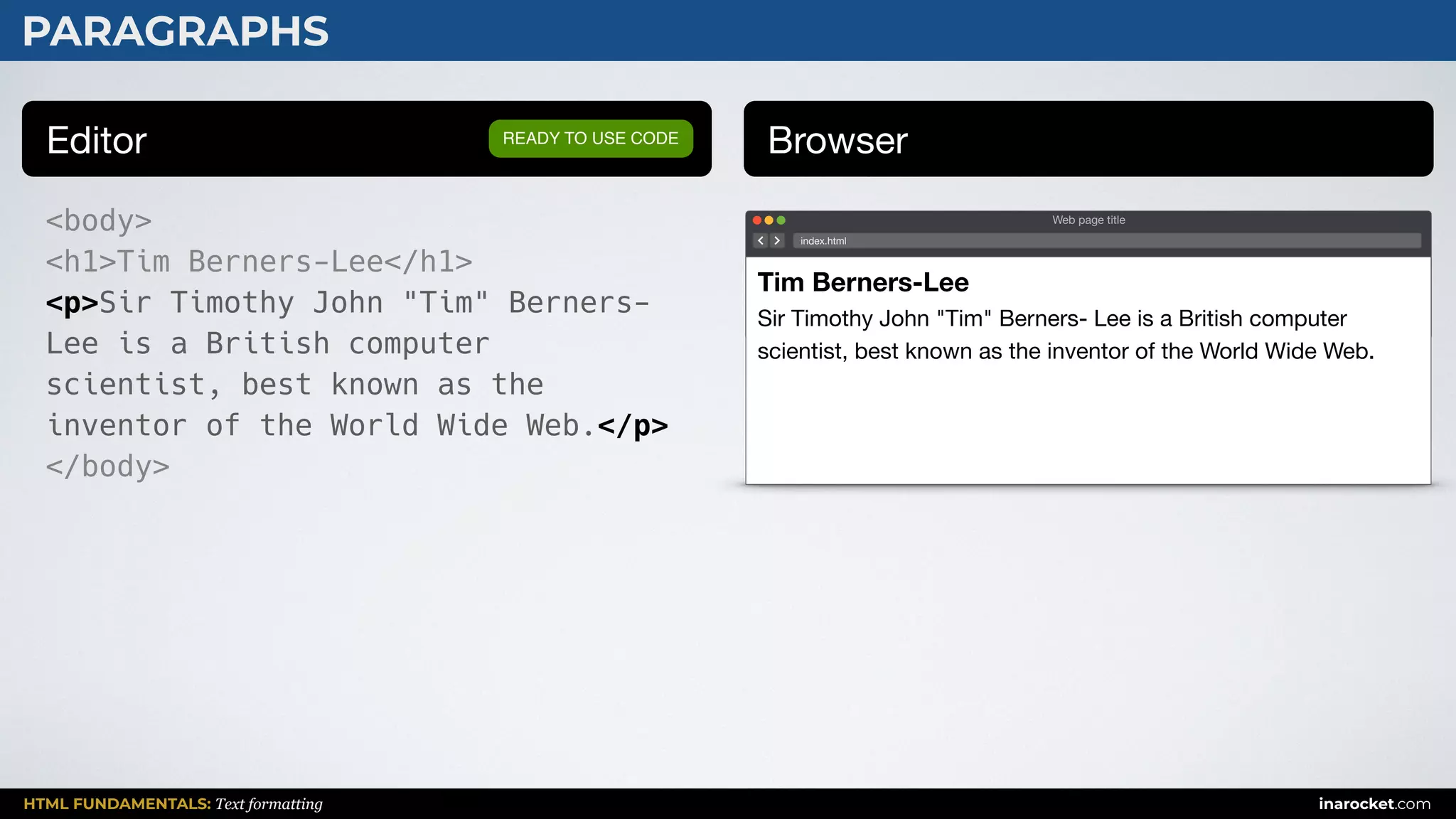 HTML FUNDAMENTALS: Text formatting inarocket.com
Web page title
index.html
Tim Berners-Lee
Sir Timothy John "Tim" Berners- Lee is a British computer
scientist, best known as the inventor of the World Wide Web.
PARAGRAPHS
Editor Browser
<body>
<h1>Tim Berners-Lee</h1>
<p>Sir Timothy John "Tim" Berners-
Lee is a British computer
scientist, best known as the
inventor of the World Wide Web.</p>
</body>
READY TO USE CODE
 