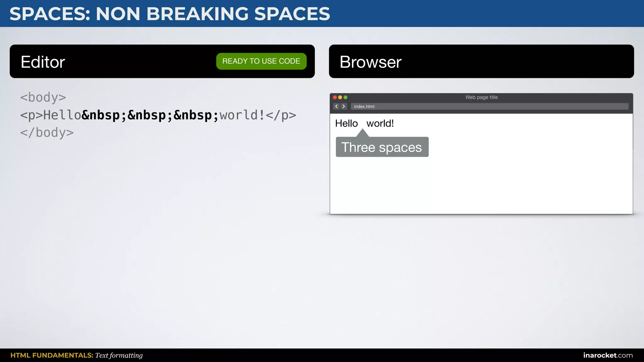 HTML FUNDAMENTALS: Text formatting inarocket.com
SPACES: NON BREAKING SPACES
Editor Browser
<body>
<p>Hello&nbsp;&nbsp;&nbsp;world!</p>
</body>
READY TO USE CODE
Web page title
index.html
Hello world!
Three spaces
 