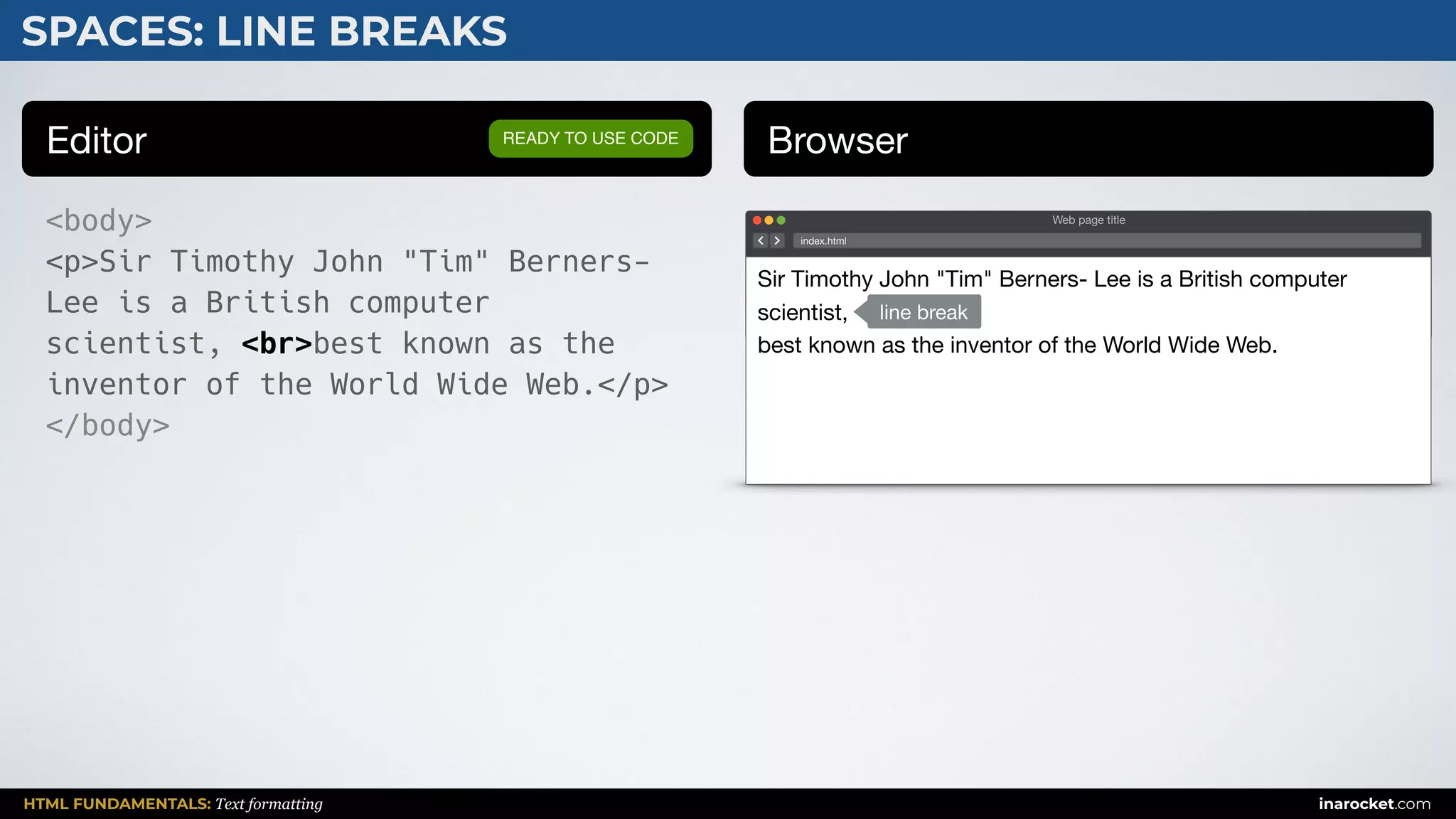 HTML FUNDAMENTALS: Text formatting inarocket.com
SPACES: LINE BREAKS
Editor Browser
<body>
<p>Sir Timothy John "Tim" Berners-
Lee is a British computer
scientist, <br>best known as the
inventor of the World Wide Web.</p>
</body>
READY TO USE CODE
Web page title
index.html
Sir Timothy John "Tim" Berners- Lee is a British computer
scientist, 

best known as the inventor of the World Wide Web.
line break
 