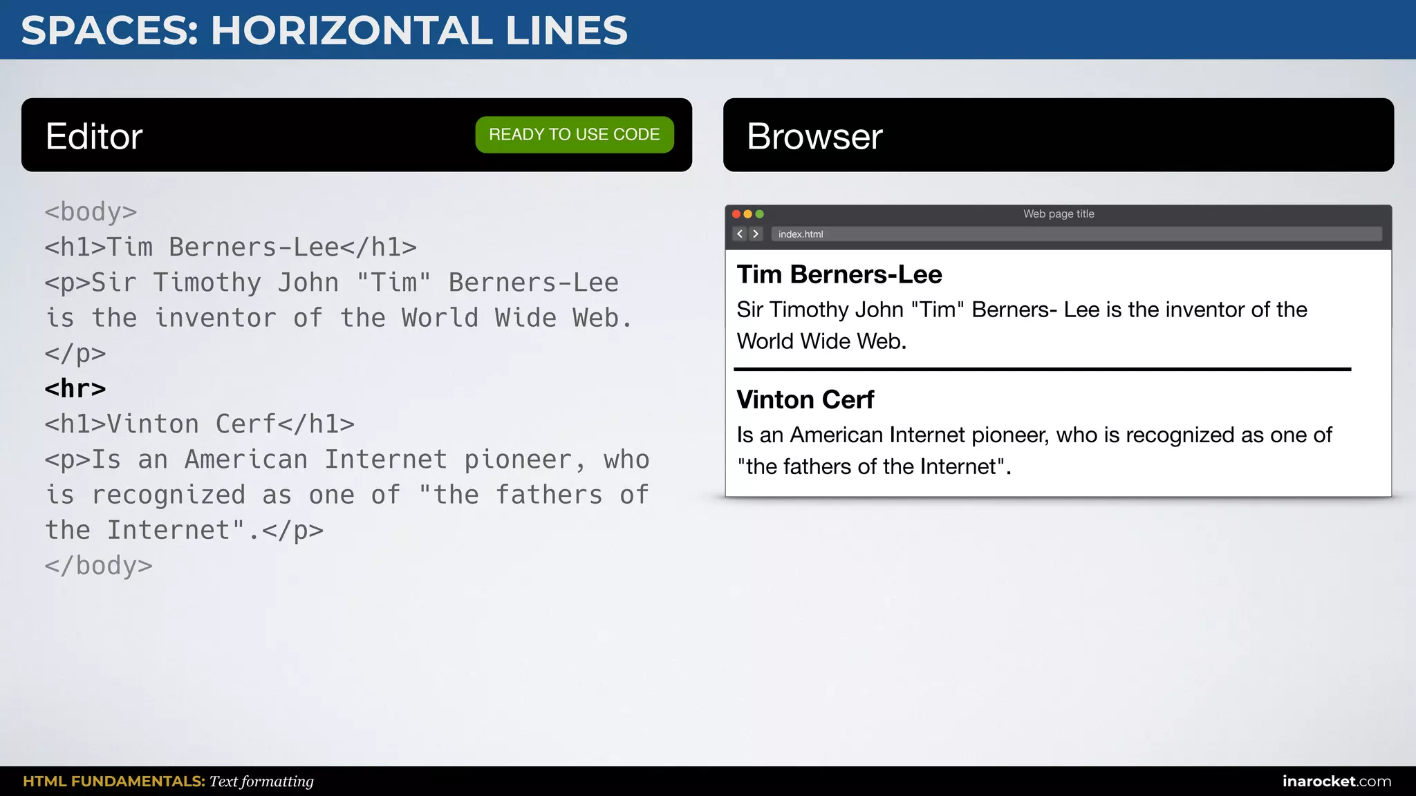 HTML FUNDAMENTALS: Text formatting inarocket.com
SPACES: HORIZONTAL LINES
Editor Browser
<body>
<h1>Tim Berners-Lee</h1>
<p>Sir Timothy John "Tim" Berners-Lee
is the inventor of the World Wide Web.
</p>
<hr>
<h1>Vinton Cerf</h1>
<p>Is an American Internet pioneer, who
is recognized as one of "the fathers of
the Internet".</p>
</body>
READY TO USE CODE
Web page title
index.html
Tim Berners-Lee
Sir Timothy John "Tim" Berners- Lee is the inventor of the
World Wide Web.
Vinton Cerf
Is an American Internet pioneer, who is recognized as one of
"the fathers of the Internet".
 