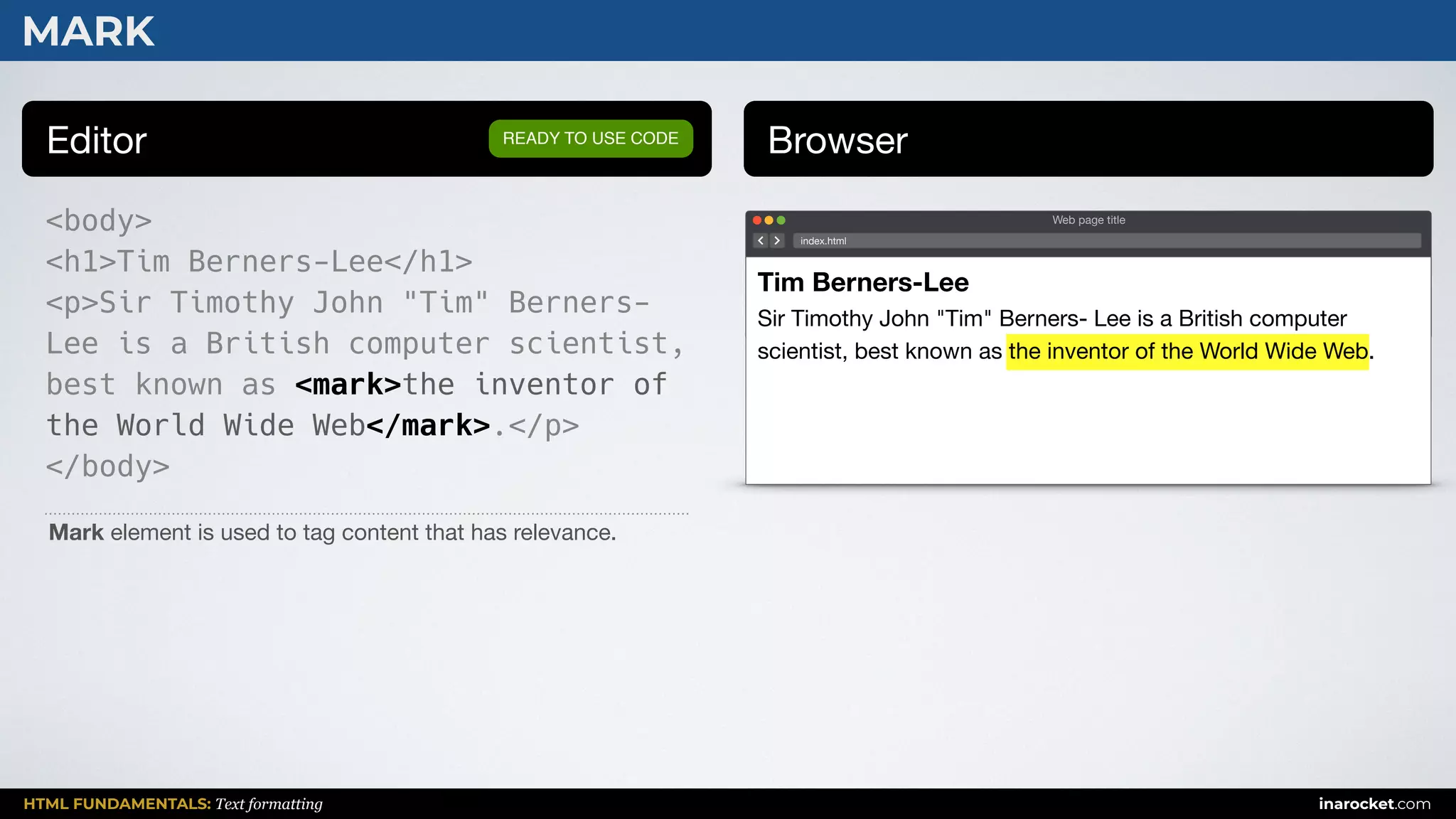 HTML FUNDAMENTALS: Text formatting inarocket.com
MARK
Editor Browser
<body>
<h1>Tim Berners-Lee</h1>
<p>Sir Timothy John "Tim" Berners-
Lee is a British computer scientist,
best known as <mark>the inventor of
the World Wide Web</mark>.</p>
</body>
READY TO USE CODE
Mark element is used to tag content that has relevance.
Web page title
index.html
Tim Berners-Lee
Sir Timothy John "Tim" Berners- Lee is a British computer
scientist, best known as the inventor of the World Wide Web.
 