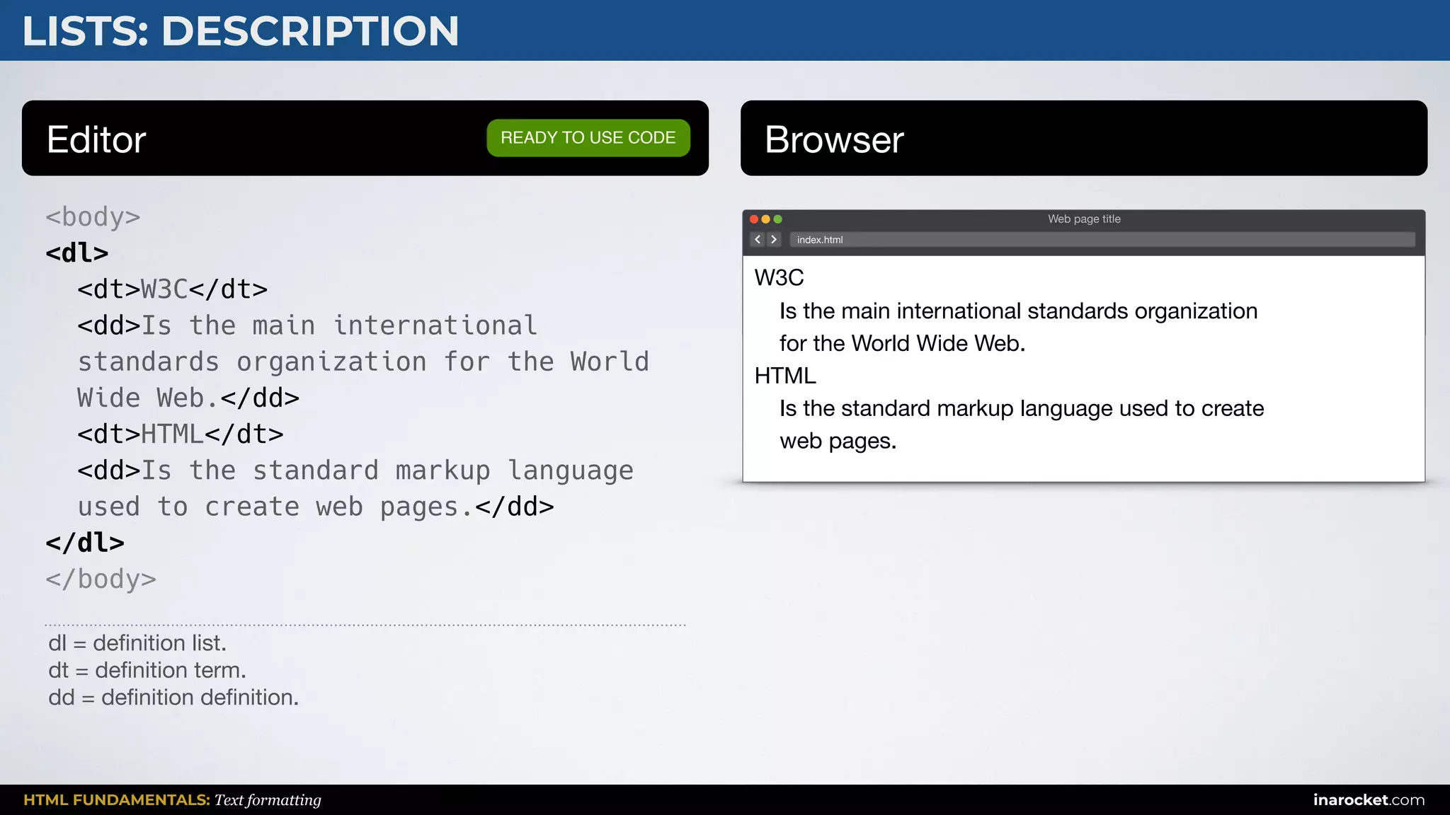 HTML FUNDAMENTALS: Text formatting inarocket.com
LISTS: DESCRIPTION
Editor Browser
<body>
<dl>
<dt>W3C</dt>
<dd>Is the main international
standards organization for the World
Wide Web.</dd>
<dt>HTML</dt>
<dd>Is the standard markup language
used to create web pages.</dd>
</dl>
</body>
READY TO USE CODE
dl = deﬁnition list.

dt = deﬁnition term.

dd = deﬁnition deﬁnition.
Web page title
index.html
W3C

Is the main international standards organization 

for the World Wide Web.

HTML

Is the standard markup language used to create 

web pages.
 