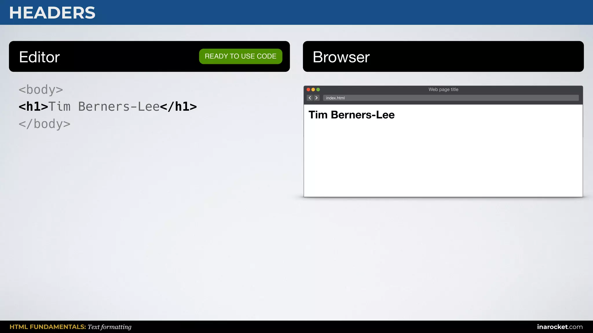 HTML FUNDAMENTALS: Text formatting inarocket.com
HEADERS
Editor Browser
<body>
<h1>Tim Berners-Lee</h1>
</body>
READY TO USE CODE
Web page title
index.html
Tim Berners-Lee
 