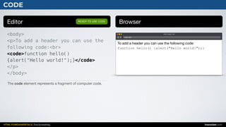 HTML FUNDAMENTALS: Text formatting inarocket.com
CODE
Editor Browser
<body>
<p>To add a header you can use the
following code:<br>
<code>function hello()
{alert("Hello world!");}</code>
</p>
</body>
READY TO USE CODE
The code element represents a fragment of computer code.
Web page title
index.html
To add a header you can use the following code:

function hello() {alert("Hello world!");}
 