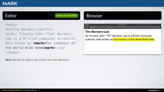 HTML FUNDAMENTALS: Text formatting inarocket.com
MARK
Editor Browser
<body>
<h1>Tim Berners-Lee</h1>
<p>Sir Timothy John "Tim" Berners-
Lee is a British computer scientist,
best known as <mark>the inventor of
the World Wide Web</mark>.</p>
</body>
READY TO USE CODE
Mark element is used to tag content that has relevance.
Web page title
index.html
Tim Berners-Lee
Sir Timothy John "Tim" Berners- Lee is a British computer
scientist, best known as the inventor of the World Wide Web.
 