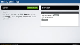 HTML FUNDAMENTALS: Text formatting inarocket.com
Editor BrowserREADY TO USE CODE
HTML ENTITIES
Web page title
index.html
<body>
<p>Total price: 4.000 &euro;.</p>
<p>&copy; All rights reserved.</p>
</body>
Total price: 4.000 €.

© All rights reserved.
&euro;
&copy;
 