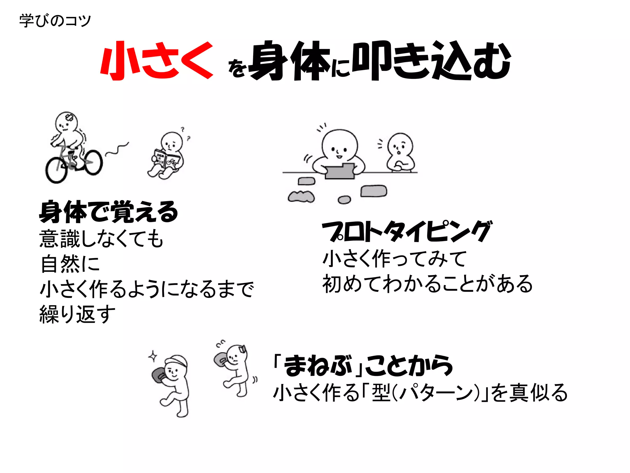 学びのコツ


        小さく を身体に叩き込む


 身体で覚える
 意識しなくても           プロトタイピング
 自然に               小さく作ってみて
 小さく作るようになるまで      初めてわかることがある
 繰り返す

                「まねぶ」ことから
                小さく作る「型(パターン)」を真似る
 