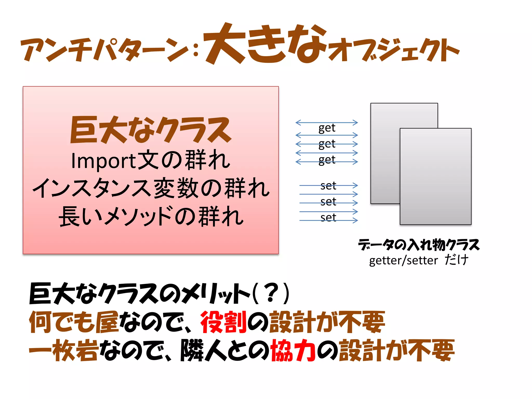 アンチパターン：大きなオブジェクト
  巨大なクラス       get
               get
  Import文の群れ   get

インスタンス変数の群れ    set
               set
 長いメソッドの群れ     set

                     データの入れ物クラス
                      getter/setter だけ

巨大なクラスのメリット(？)
何でも屋なので、役割の設計が不要
一枚岩なので、隣人との協力の設計が不要
 