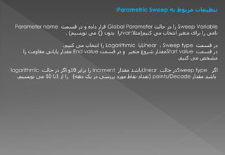 َ‫ب‬ ‫هزبوط‬ ‫تٌظیوات‬
:Parametric Sweep
Sweep Variable
‫دبلت‬ ‫دس‬ ‫سا‬
Global Parameter
‫قغوت‬ ‫دس‬ ّ ٍ‫داد‬ ‫قشاس‬
Parameter name
‫کٌین‬ ‫هی‬ ‫اًتخبة‬ ‫هتغیش‬ ‫ثشای‬ ‫سا‬ ‫ًبهی‬
(
‫هثال‬
:
rvar
‫ثذّى‬ ‫سا‬
}{
‫ًْیغین‬ ‫هی‬
)
.
‫قغوت‬ ‫دس‬
Sweep type
،
Linear
‫یب‬
Logarithmic
‫کٌین‬ ‫هی‬ ‫اًتخبة‬ ‫سا‬
.
‫قغوت‬ ‫دس‬
Start value
‫قغوت‬ ‫دس‬ ّ ‫هتغیش‬ ‫ؽشّع‬ ‫هقذاس‬
End value
‫سا‬ ‫هقبّهت‬ ‫پبیبًی‬ ‫هقذاس‬
‫کٌین‬ ‫هی‬ ‫هؾخـ‬
.
‫اگش‬
Sweep type
‫دبلت‬ ‫دس‬
Linear
‫هقذاس‬ ‫ثبؽذ‬
Incrment
‫ثشاثش‬ ‫سا‬
10
‫دبلت‬ ‫دس‬ ‫اگش‬ ّ
logarithmic
‫هقذاس‬ ‫ثبؽذ‬
points/Decade
(
َُ‫د‬ ‫یک‬ ‫دس‬ ‫ثشسعی‬ ‫هْسد‬ ‫ًقبط‬ ‫تؼذاد‬
)
‫اص‬ ‫سا‬
1
‫تب‬
10
‫ًْیغین‬ ‫هی‬
.
 