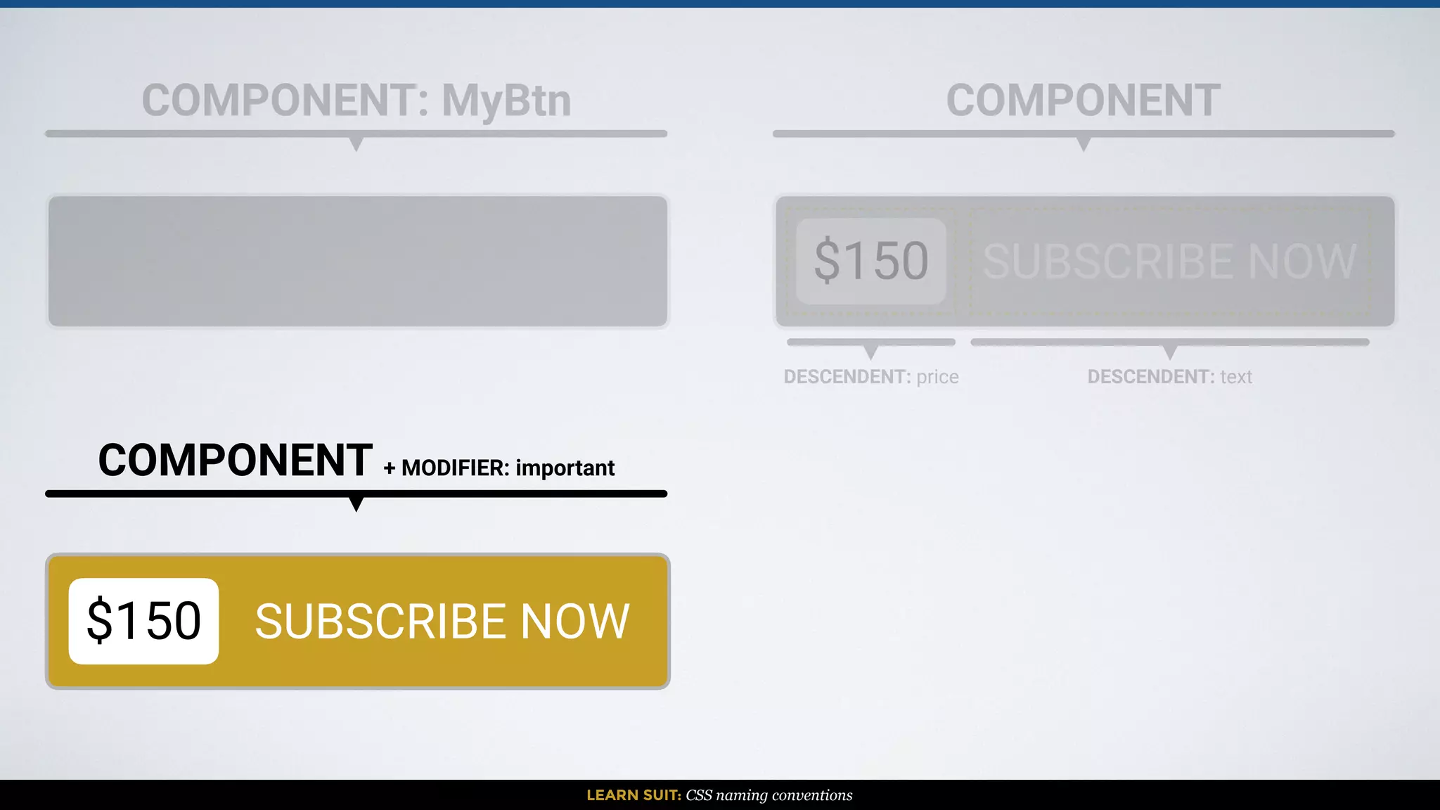 LEARN SUIT: CSS naming conventions
COMPONENT: MyBtn COMPONENT
$150 SUBSCRIBE NOW
DESCENDENT: price DESCENDENT: text
COMPONENT + MODIFIER: important
$150 SUBSCRIBE NOW
 
